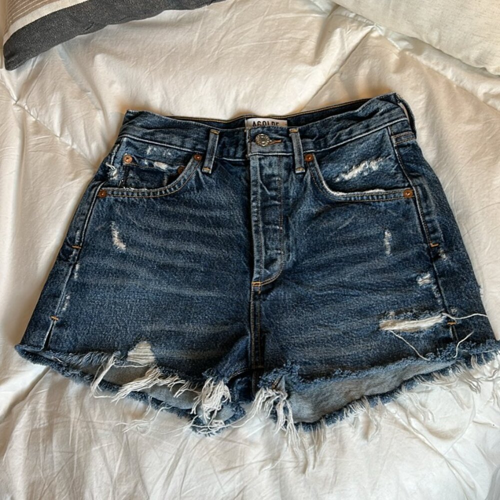 AGOLDE Jean Shorts Blue, Frayed Hem Distressed Button Fly Women’s 24